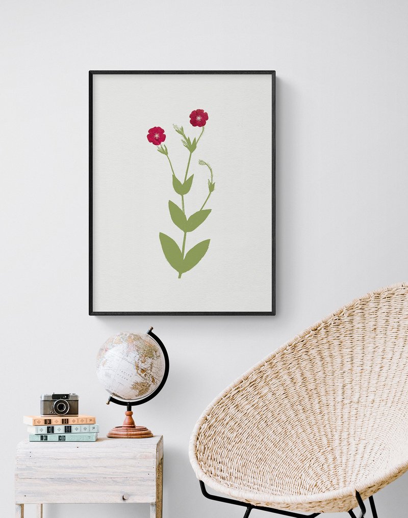 Crimson Red Pressed Wildflower Art Print, Unique Flower Poster Wall Art - 海報/掛畫/掛布 - 紙 紅色