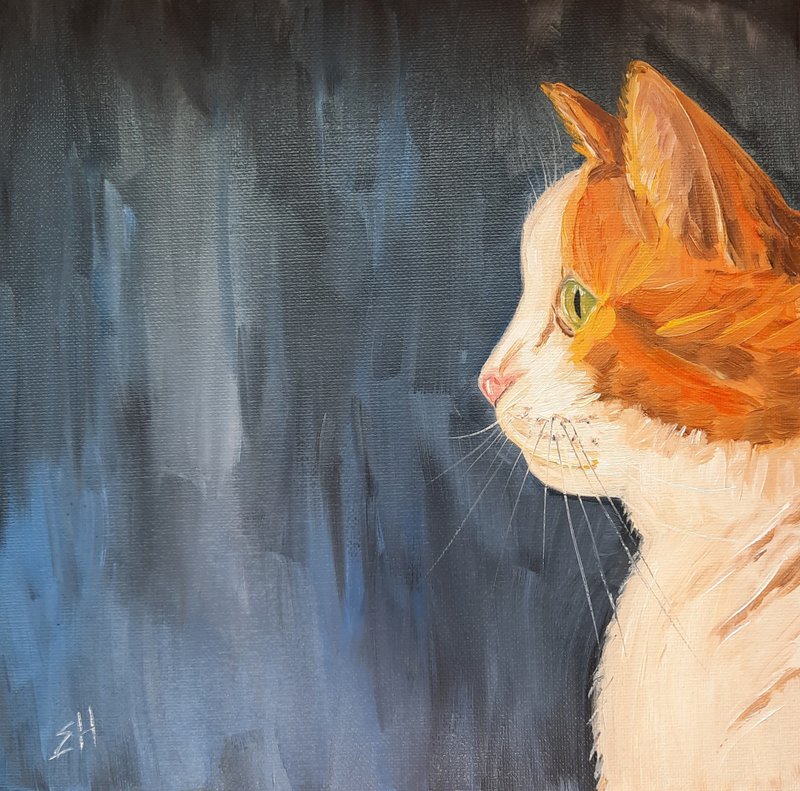 Ginger cat oil painting White cat painting Pet portrait painting on canvas - Posters - Cotton & Hemp Orange