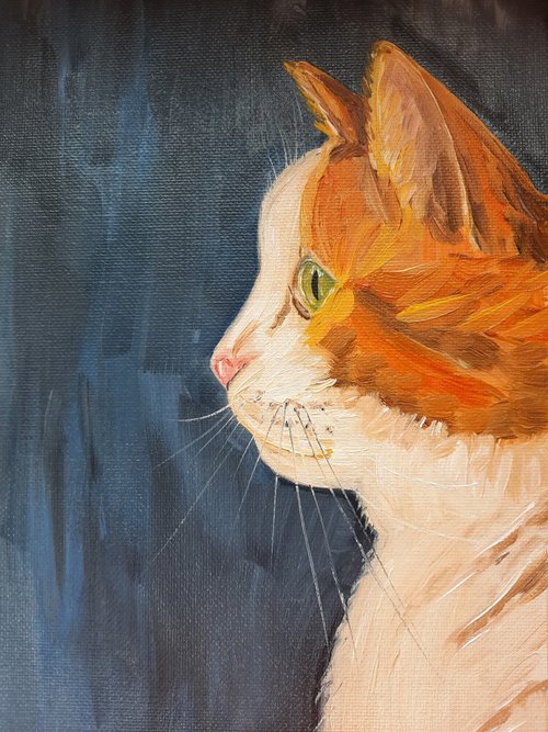 フランス　アンティーク　油絵　白猫 ショウガ猫の油絵 白い猫の絵 キャンバスに描いたペットの肖像画