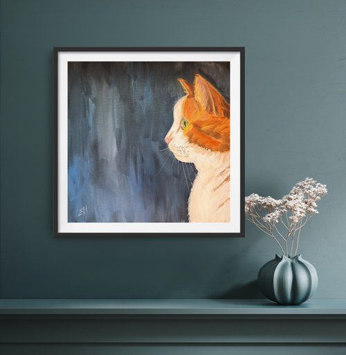 油絵◆画家の描いた絵画作品◆白猫好きな方に♪ 猫 絵画 白猫 油絵 油彩画 高橋伸子 「決定権」 額付き : アート