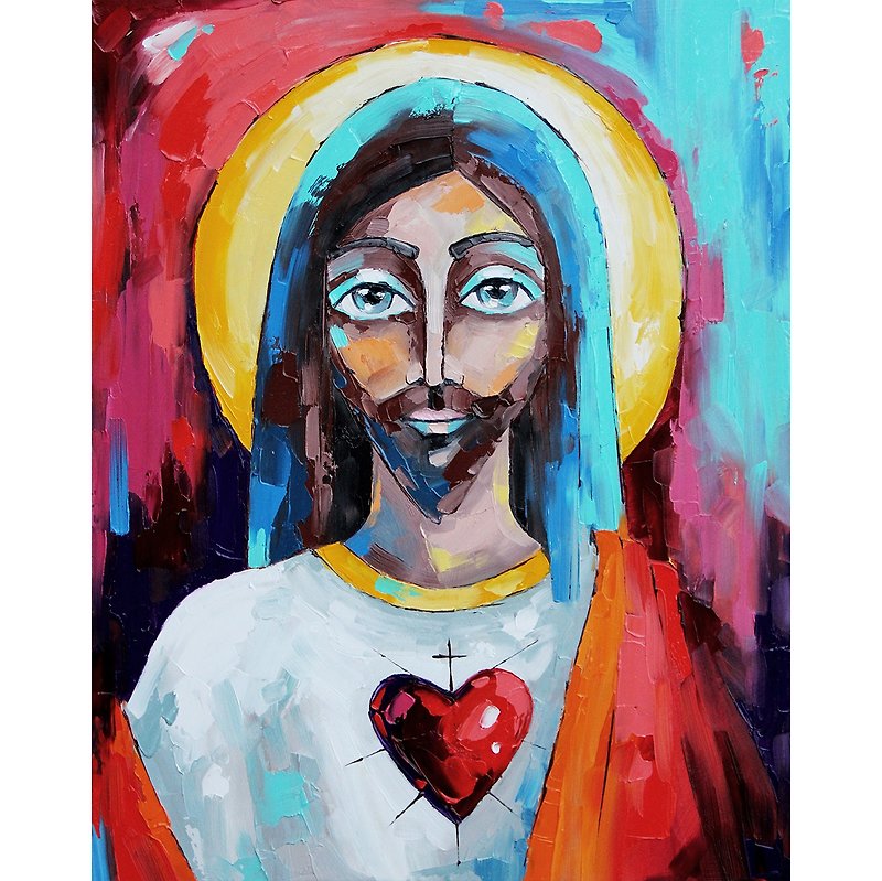 イエスの絵画 カトリック オリジナルアート キリスト教の壁アート スピリチュアルな装飾 - ポスター・絵 - その他の素材 レッド