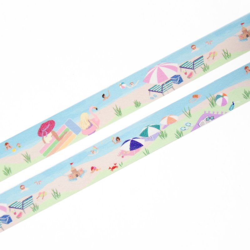 To the Beach washi tape 15mm x 10m - Summer Washi Tape with a happy beach scene - 紙膠帶 - 紙 藍色