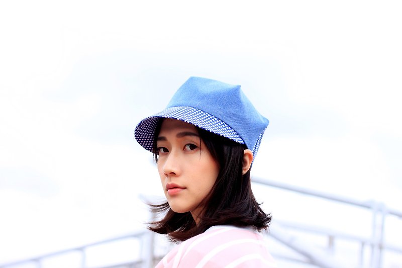 藍色格紋遮陽帽(鴨舌帽) - 帽子 - 棉．麻 多色