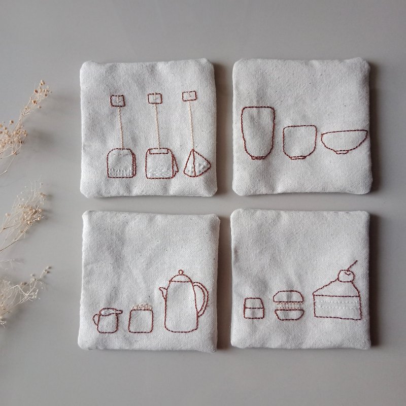 Tea coaster set hand embroidered 100%natural cotton fabric 4PCSdifferent designs - Coasters - Cotton & Hemp White