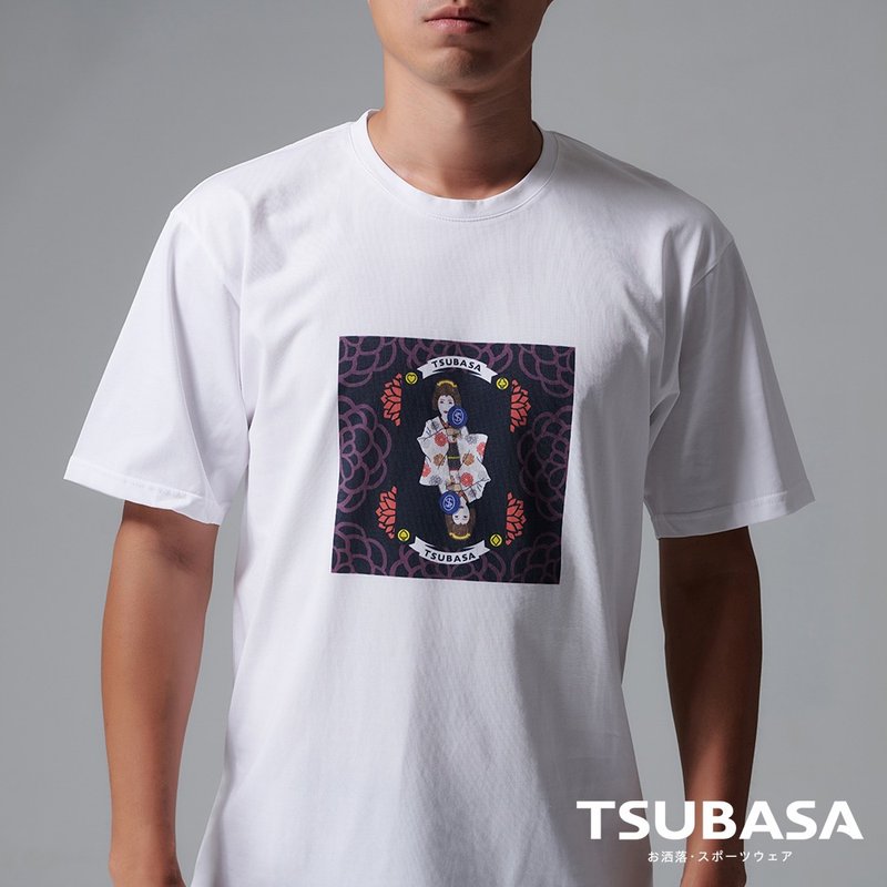 YAMATO co-branded round-neck white T-shirt geisha and blue table tennis racket pattern couple wear short-sleeve - เสื้อยืดผู้ชาย - ผ้าฝ้าย/ผ้าลินิน ขาว