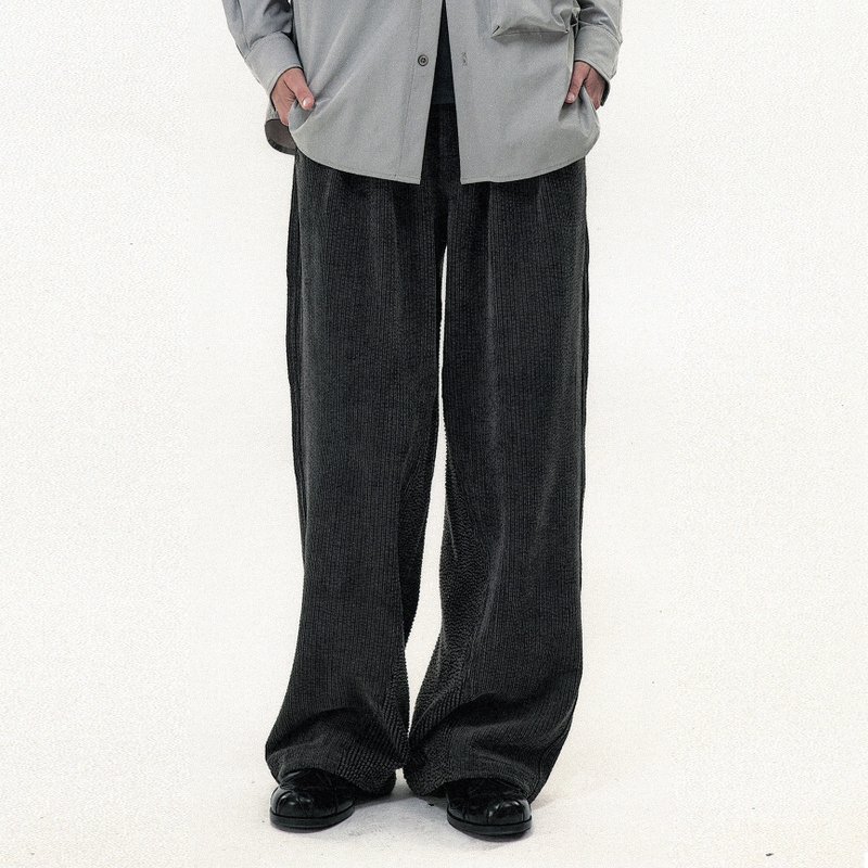 燈芯絨斜切割寬松直筒休閒長褲抽繩束腳男女同款 - 中性長褲/短褲 - 其他材質 灰色