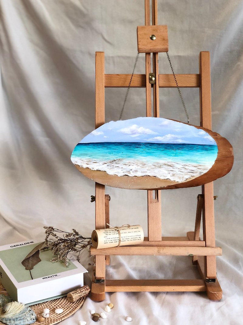 ภาพวาดอะคริลิคบนท่อนไม้ Aqua beach acrylic painting on wood. Hanging painting. - ตกแต่งผนัง - ไม้ สีน้ำเงิน