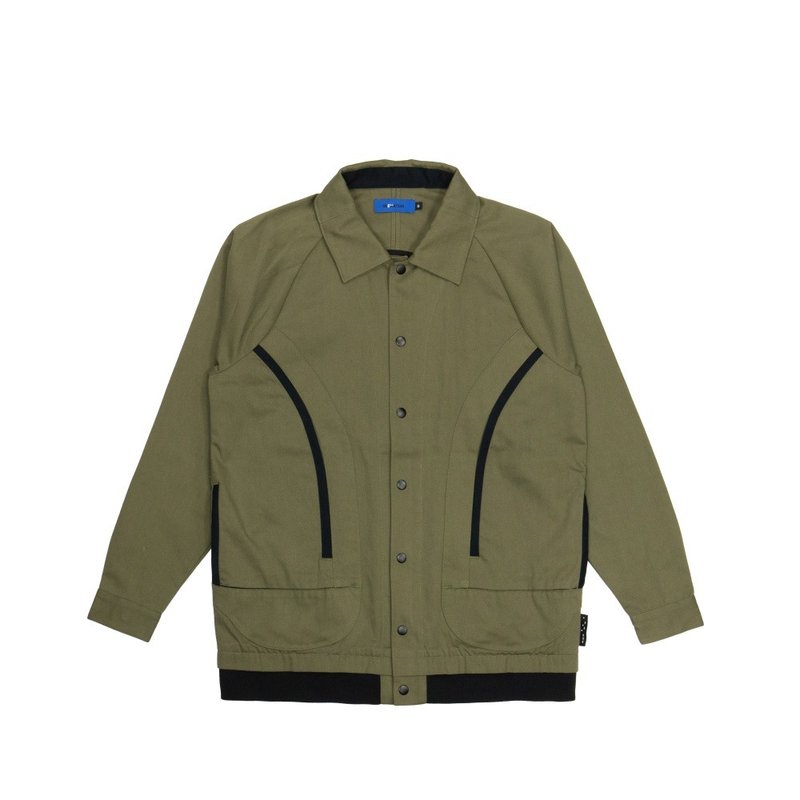 Stand collar double curved pocket jacket-dark green - เสื้อแจ็คเก็ต - ผ้าฝ้าย/ผ้าลินิน 