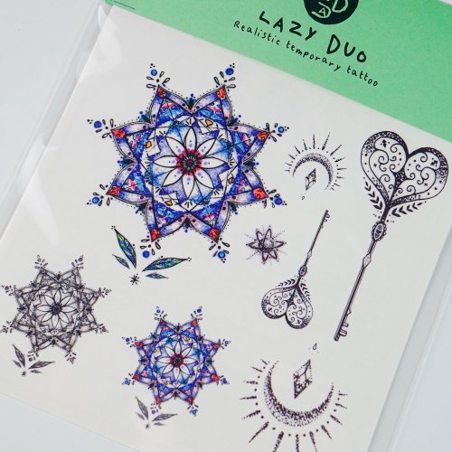 ╰ LAZY DUO TATTOO ╮ 星之玻璃花紋身貼紙刺青歌德小清新紫藍手繪彩色鑰匙愛心教堂星球
