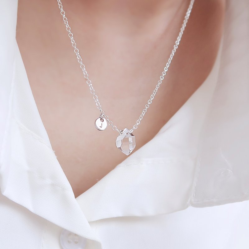925 sterling silver Herkimon Crystal Shining Diamond Flat Beads Customized Engraving Necklace Clavicle Chain Long Chain - Necklaces - Sterling Silver Khaki