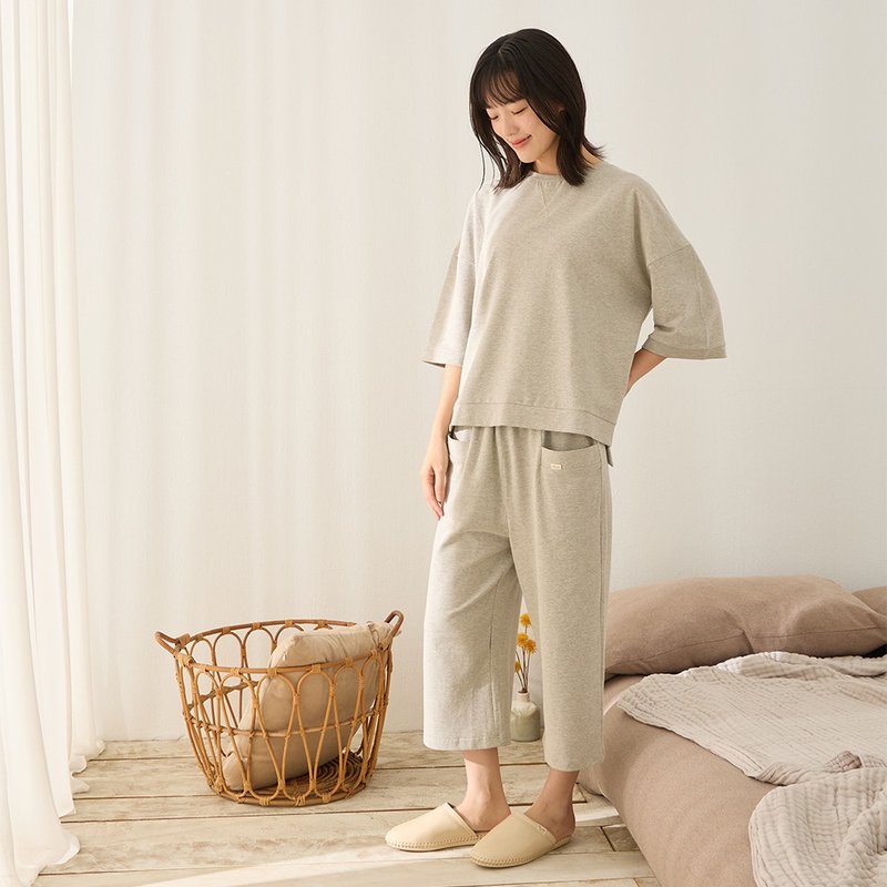 MIT organic cotton side slit three-quarter sleeve top suit - 2 colors in total - ชุดนอน/ชุดอยู่บ้าน - ผ้าฝ้าย/ผ้าลินิน หลากหลายสี