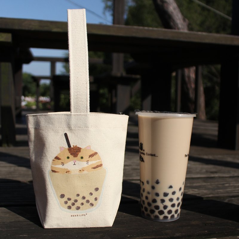 珍珠奶茶貓咪 飲料提袋 環保袋 提袋 - 手提包/手提袋 - 棉．麻 卡其色