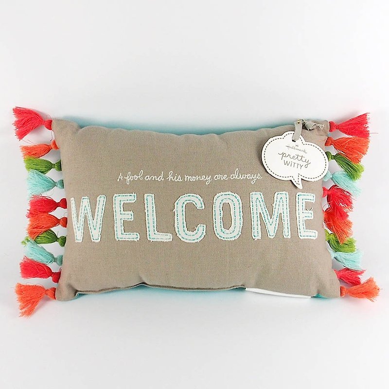 Pretty Witty kind words of welcome wisdom silly child fringed pillow - Pillows & Cushions - Paper Green