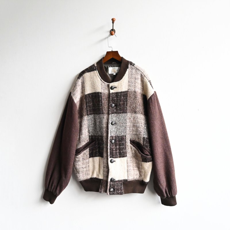 【蛋植物古著】棕羽格紋毛料花呢古著夾克外套 - 女裝外套/大衣 - 羊毛 