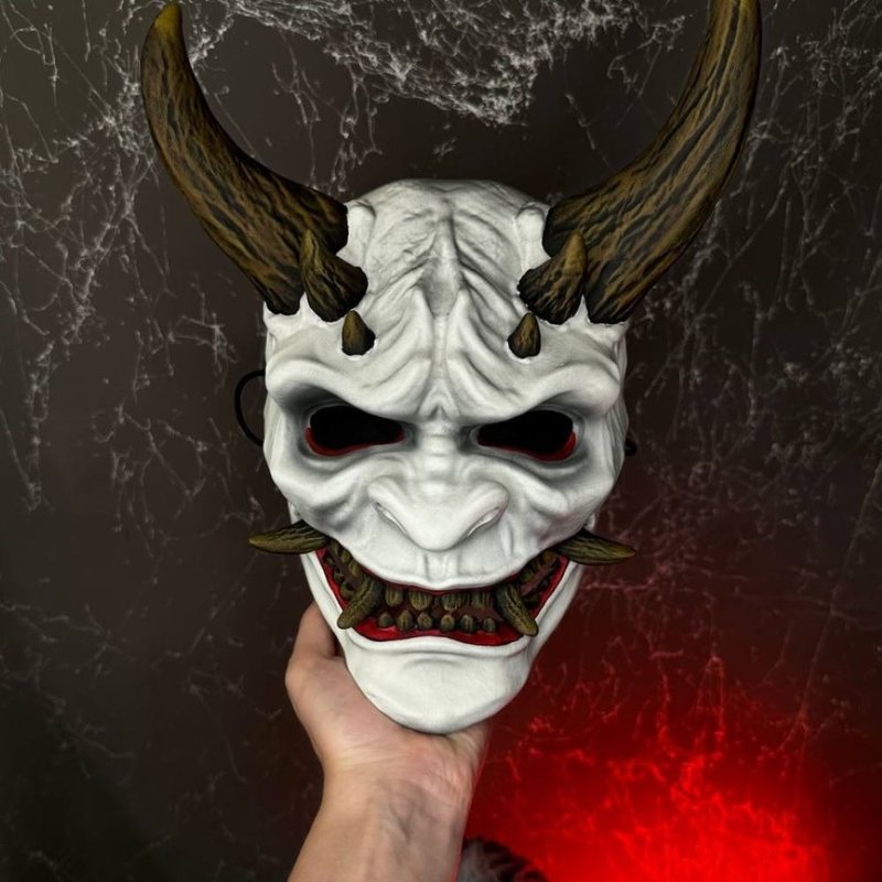 White Horror Oni Mask, Oni Demon Mask, Japanese Demon Oni Cosplay, Yokai Mask - 口罩/口罩收納套 - 塑膠 白色