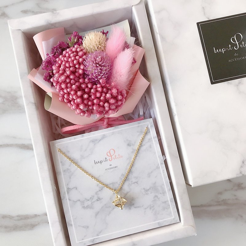 [Marble Pattern Gift Box Set] Thousand Days Red Rabbit Tail Grass Dry Bouquet + Gold-plated Six Pointed Star Necklace - สร้อยคอ - วัสดุอื่นๆ สึชมพู