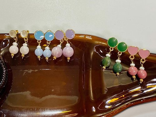 鯨象手作 Jing-Siang Handmade Jewelry 天然石與珍珠耳環 紫雲母/天使石/印度瑪瑙/薔薇輝/摩根石