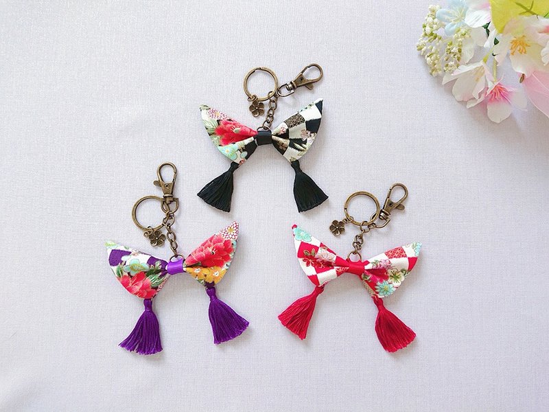 [Taishō Romance] Japanese and Western fusion bow keychain/pendant丨Japanese style/Japanese and Western eclectic - Keychains - Cotton & Hemp Red