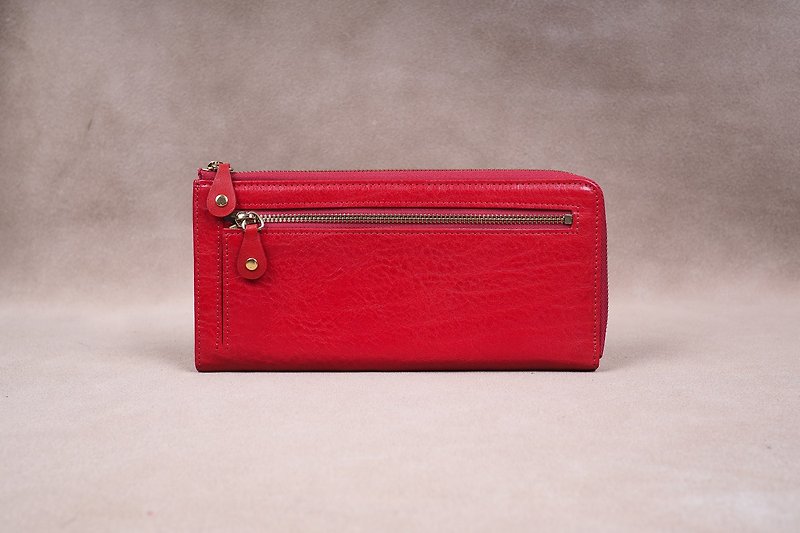 Italian Vegetable Genuine Leather Lady Long Wallet Zipper Wallet Purse Red - กระเป๋าสตางค์ - หนังแท้ สีแดง