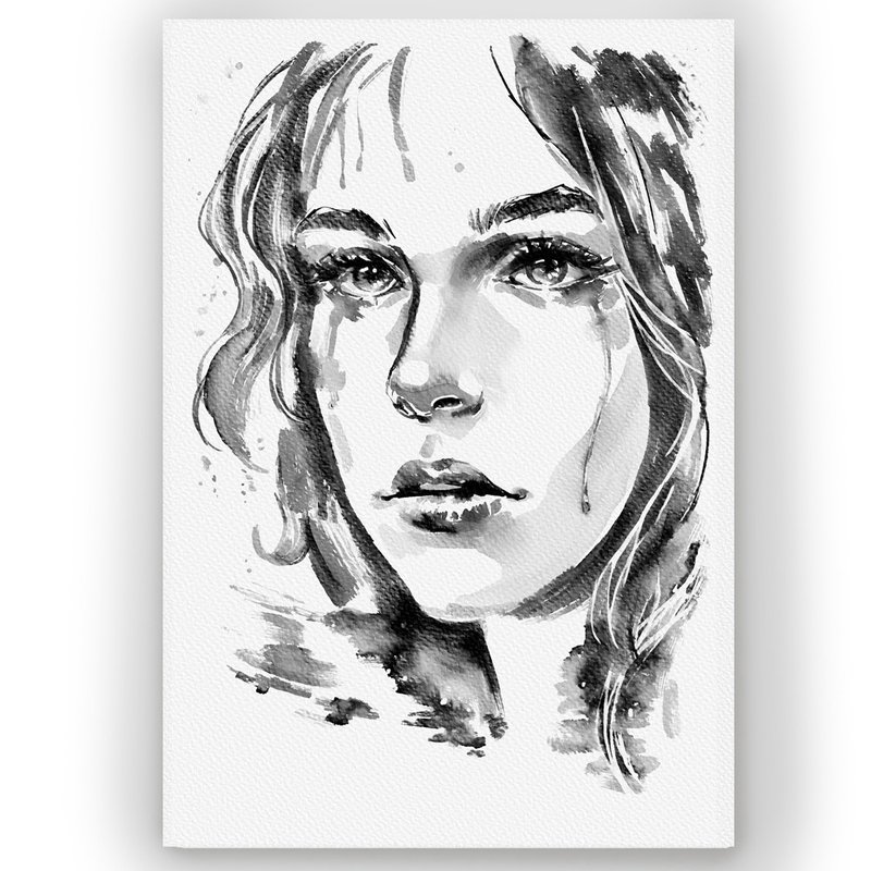時尚插畫風格水彩哭泣女性畫作 水墨風裝飾畫 適用於臥室客廳 - 壁貼/牆壁裝飾 - 紙 灰色
