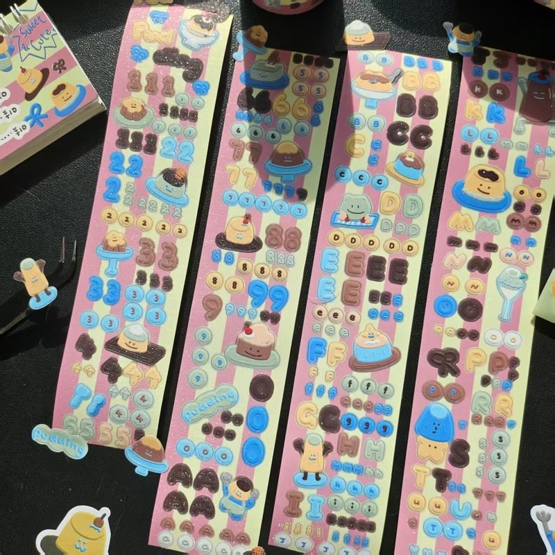 【coloryeah】プリンとイチゴのケーキ 可愛い手帳ステーショナリー／ダイカット・ヘアーラインシルバーPETテープステッカー - ステッカー・シール - 紙 多色