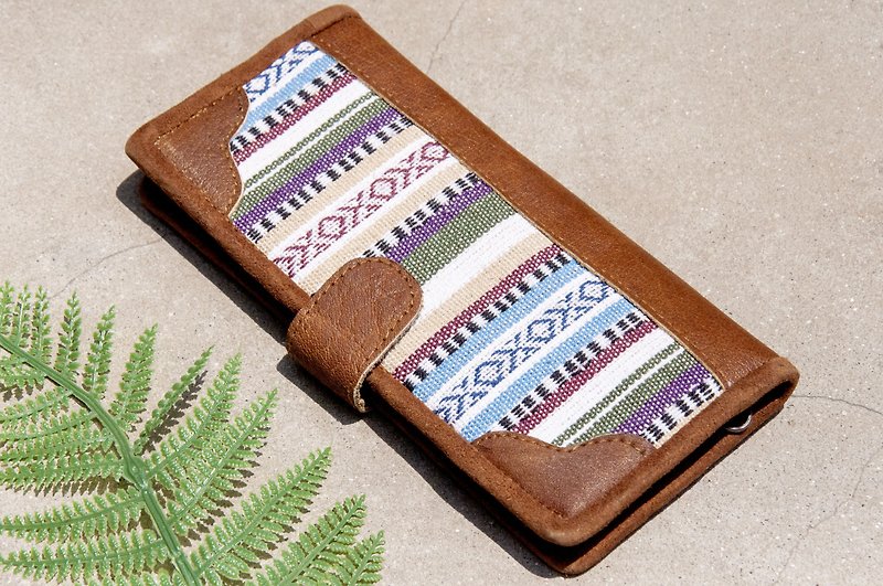 Hand-stitching leather long clip cotton Linen/ long wallet / purse / wallet weaving - Moroccan style weaving wallet - Wallets - Genuine Leather Multicolor