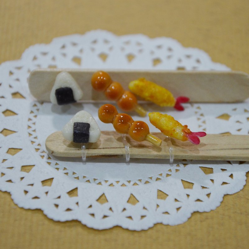 Japanese-style dim sum earrings (ear acupuncture OR clip-on)-rice ball & fried shrimp & dumpling - Earrings & Clip-ons - Clay Gold
