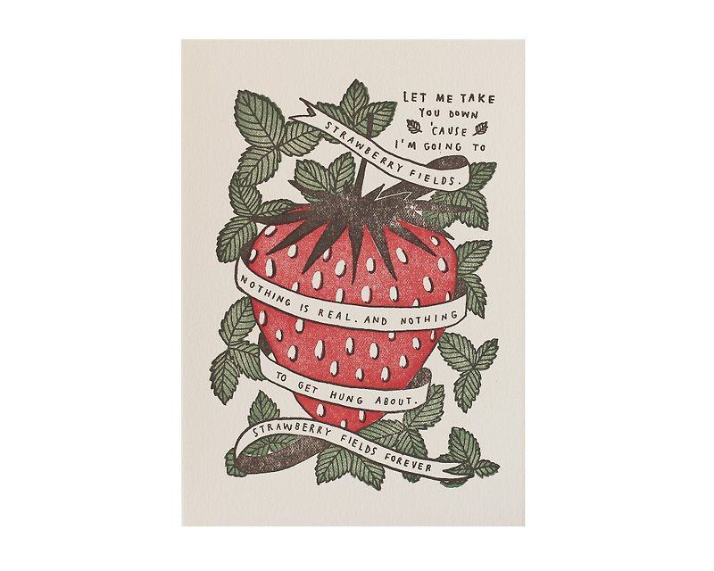 Strawberry Fields Forever ภาพพิมพ์ Letterpress ขนาด 5x7 นิ้ว - โปสเตอร์ - กระดาษ สีแดง