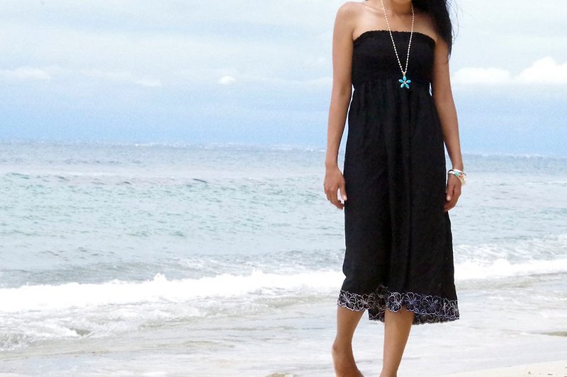 Hibiscus embroidery Strapless Dress <Black> - One Piece Dresses - Other Materials Black