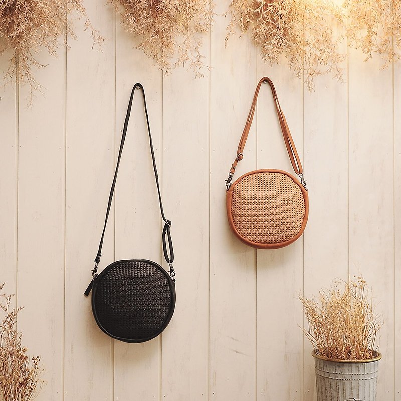 eeCute Leather Woven Retro Round Carrying Bag (Black/Elegant Brown) - Messenger Bags & Sling Bags - Genuine Leather Multicolor