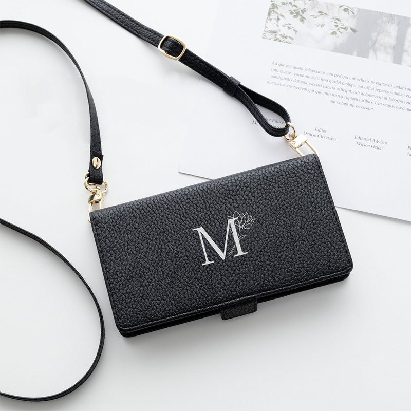 全機種対応 スマホケース 手帳型【Simple ブラック イニシャル × 花】スマホショルダー アルファベット ミラー AE20U - スマホケース・カバー - 合皮 ブラック