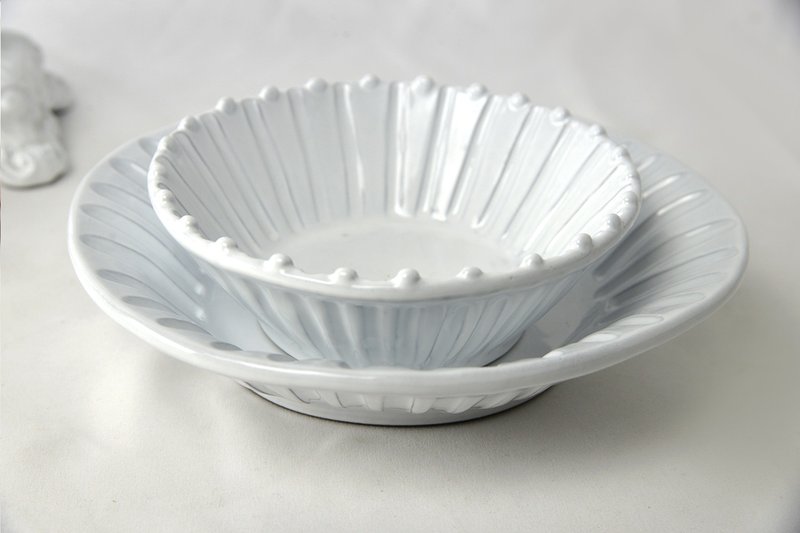 [Super Value Combo] Pure White Stripe Series 2-Piece Set (Oatmeal Bowl + Soup Plate) - จานและถาด - ดินเผา ขาว