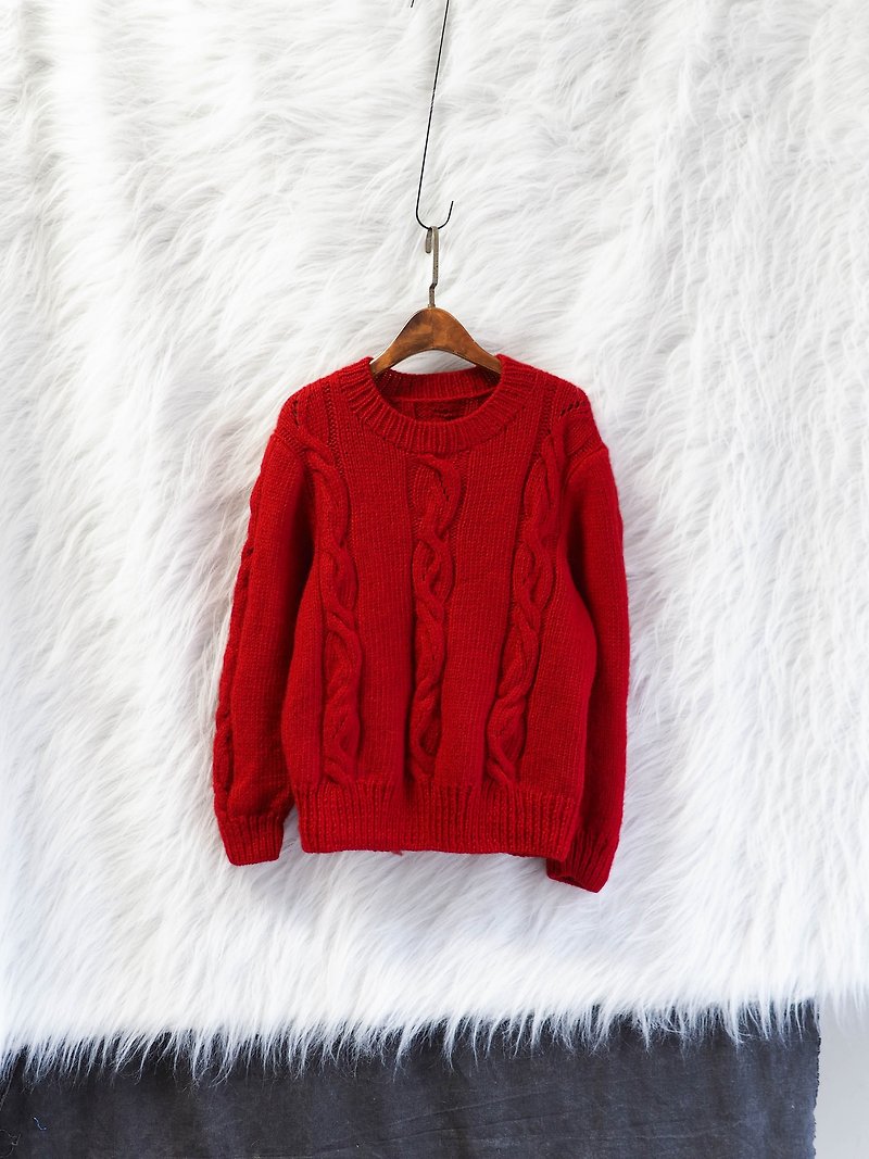 Hyogo pure red twist sleeves love day youth antique wool hand-woven fisherman sweater vintage sweater wool - สเวตเตอร์ผู้หญิง - ขนแกะ สีแดง
