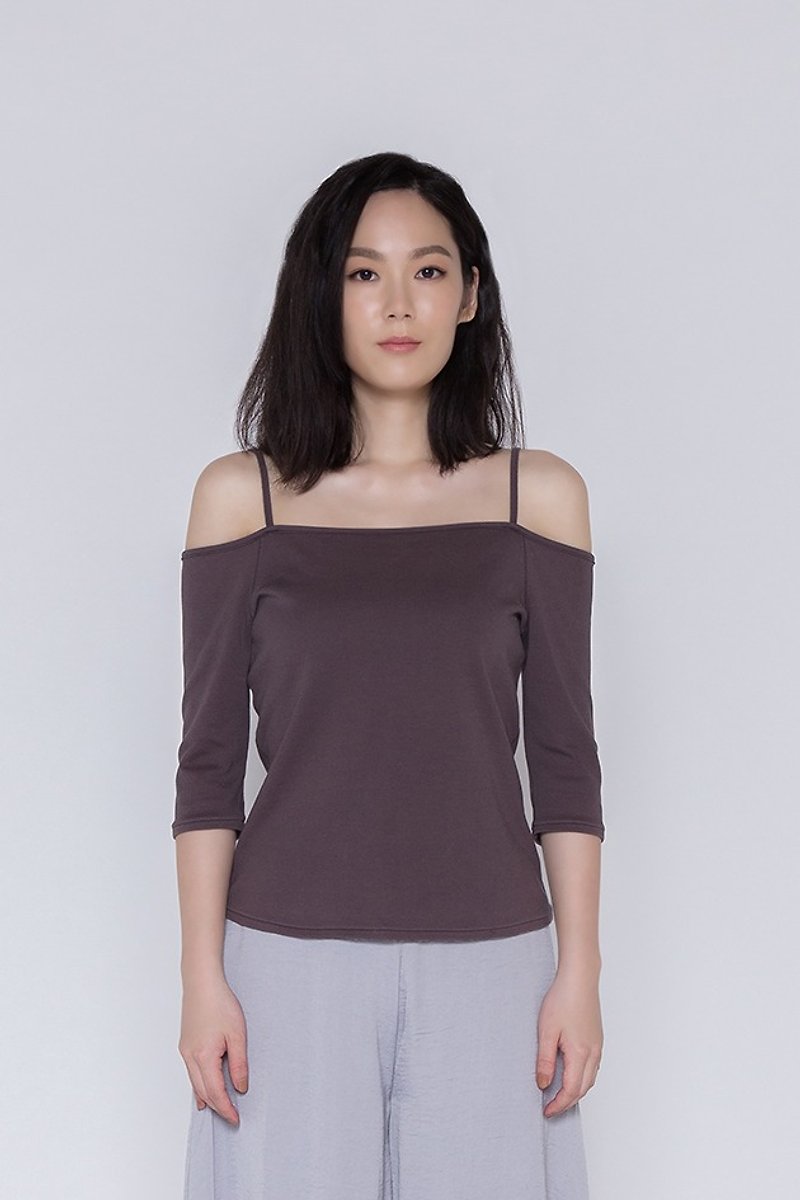 Good times dance Ling strapless tops One Fine Day Off The Shoulder Top gray brown - Women's Tops - Cotton & Hemp 