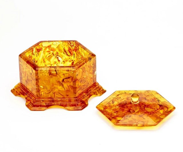 琥珀とエポキシ樹脂で作られたジュエリーボックス 六角形のユニック琥珀ボックス、彼女へのギフト
