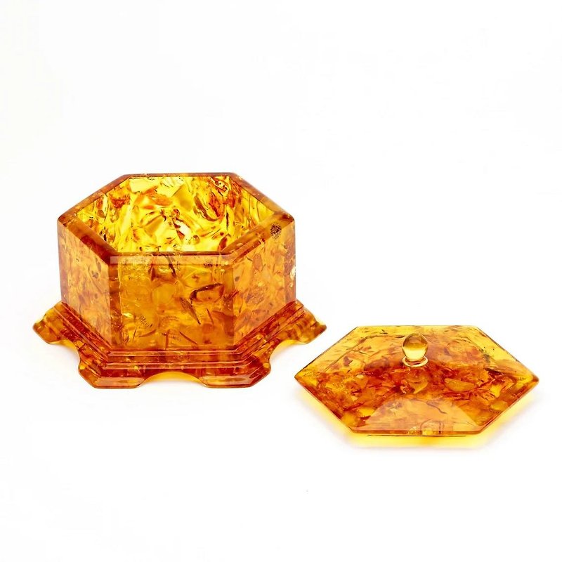 琥珀とエポキシ樹脂で作られたジュエリーボックス 六角形のユニック琥珀ボックス、彼女へのギフト - ギフトボックス - 宝石 ブラウン