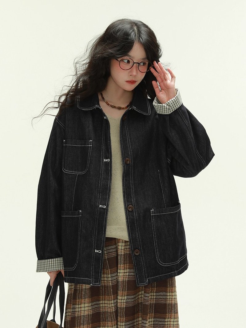 原色 牛仔格子拼接外套 復古質感中性廓形寬鬆牛仔上衣 M-L - 女大衣/外套 - 棉．麻 藍色