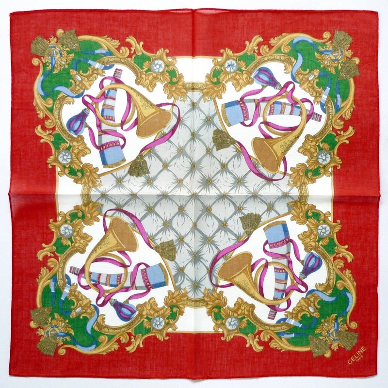 Celine Vintage Scarf - Handkerchief Baroque 19 x 19 inches - 絲巾 - 棉．麻 紅色