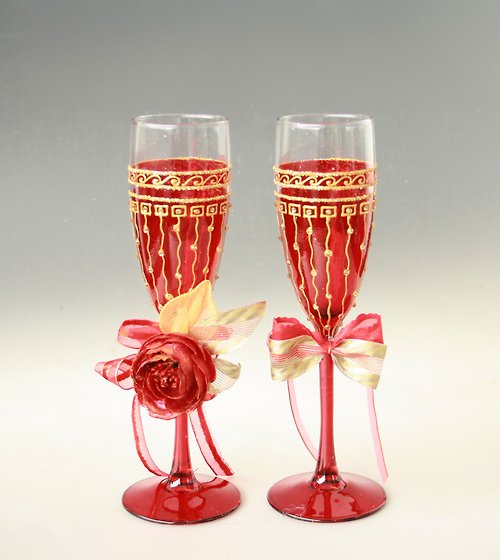 NeA Glass Red Wedding Glasses Mr and Mrs Gatsby Design, Hand-painted, set of 2