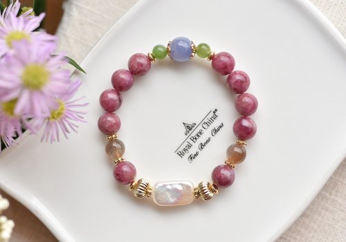 CaWaiiDaisy Handmade Jewelry 桃紅碧璽+珍珠+丹泉石+貓眼太陽石鍍金水晶手鍊