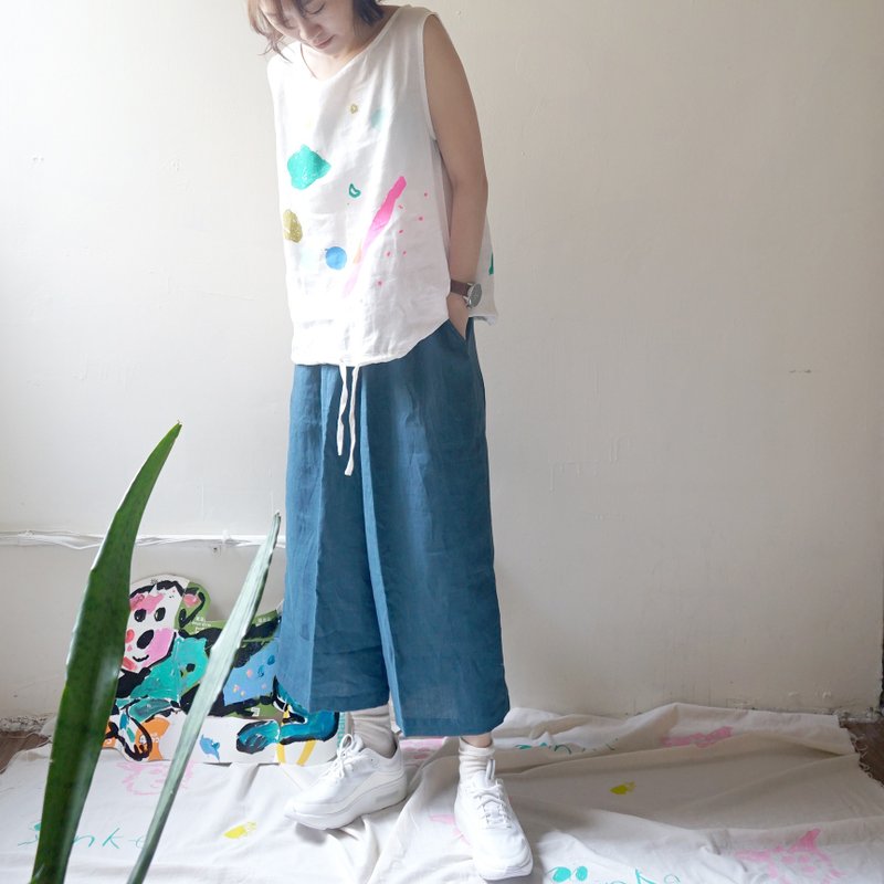 好評再補貨 心花系列-舒服藍色亞麻口袋寬褲 - 女長褲 - 棉．麻 藍色