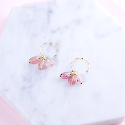 Pink Laboratory 粉紅製造 草莓晶14KGF耳環 | 925純銀 | 天然水晶耳勾耳夾耳環