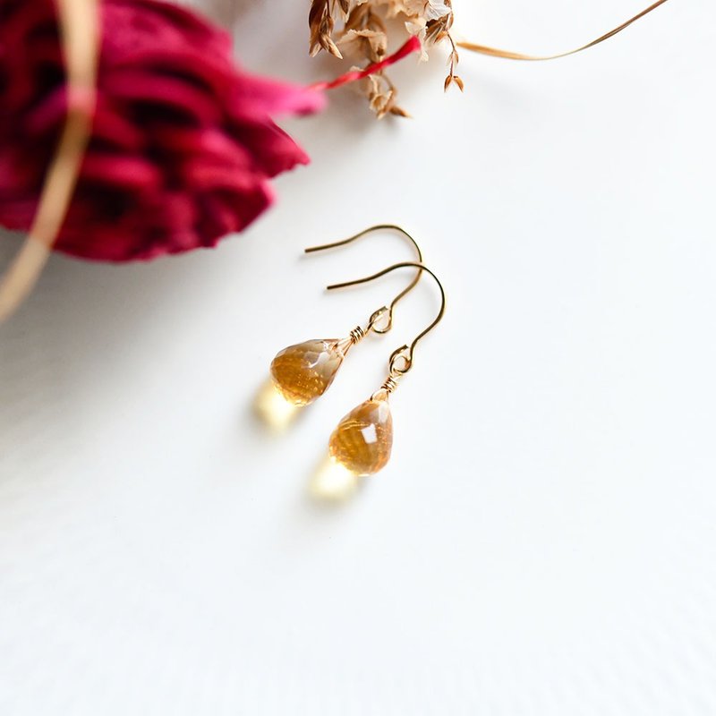 Prosperity Wealth Lucky Stone Single Citrine Drop Earrings/ Clip-On Accepted November Birthstone - ต่างหู - เครื่องเพชรพลอย สีทอง