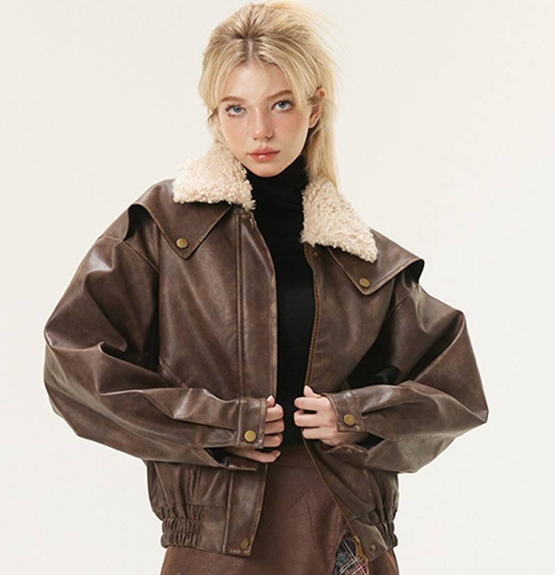 American retro motorcycle loose fur collar cotton leather jacket - เสื้อผู้หญิง - วัสดุอื่นๆ สีนำ้ตาล