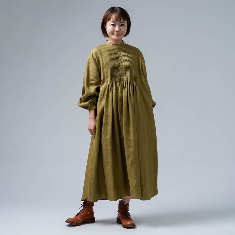 wafu【リネンワンピース】琴線に触れるプレミアムリネン ピンタックドレス / ジョーヌサフラン a006d-jsn1 - 洋裝/連身裙 - 棉．麻 卡其色