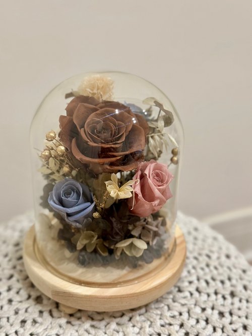 Miau Flowers 喵喵花室 可可玫瑰復古玻璃罩 永生花盅 新年禮物 交換禮物
