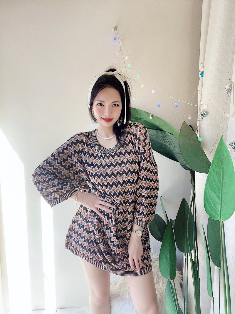 戀愛彩虹青春電波寬鬆休閒 古董圓領細針織格線上衣T恤 vintage - 女上衣/長袖上衣 - 棉．麻 多色