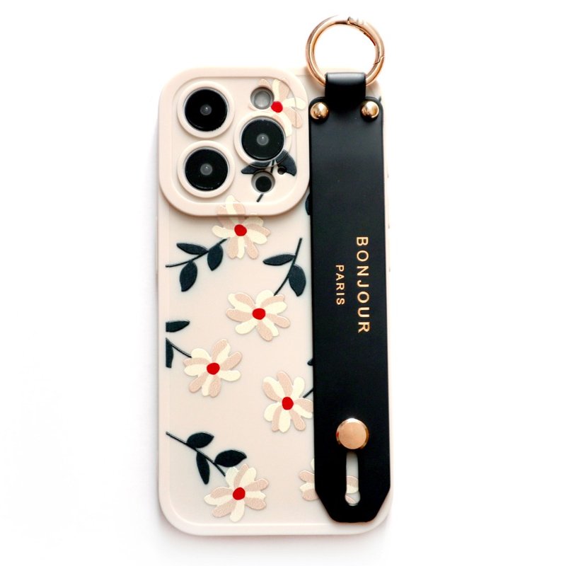 iPhone15/14/13/12 Seoul Winter Series-Beige Winter Little Red Flower Hand Strap Phone Case - Phone Cases - Plastic Khaki