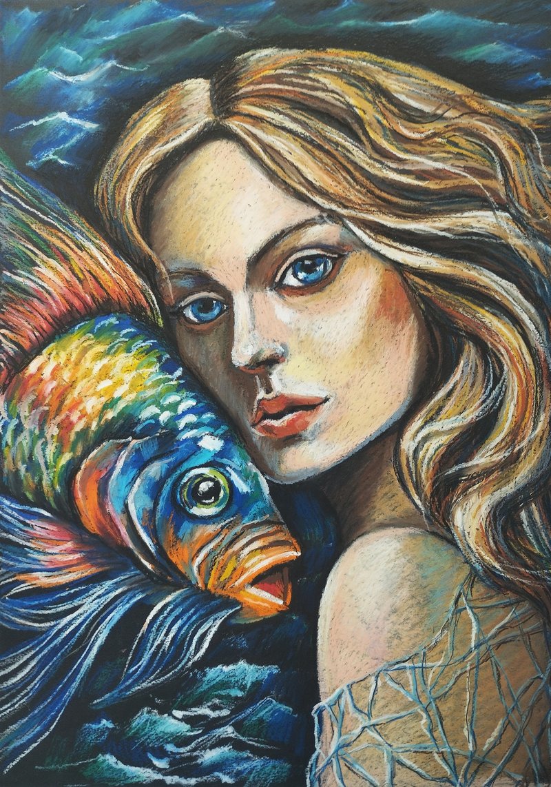 人魚 油絵の少女の肖像画 パステル画 明るい魚の海のアート - ウォールデコ・壁紙 - 紙 ブルー