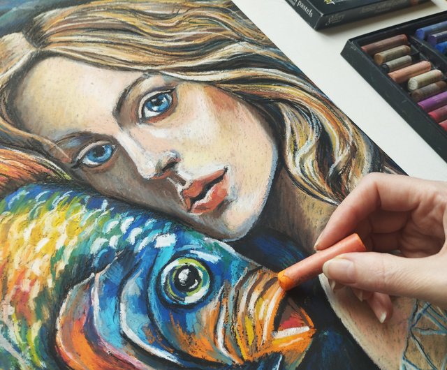 人魚 油絵の少女の肖像画 パステル画 明るい魚の海のアート - ショップ Nadinart ウォールデコ・壁紙 - Pinkoi